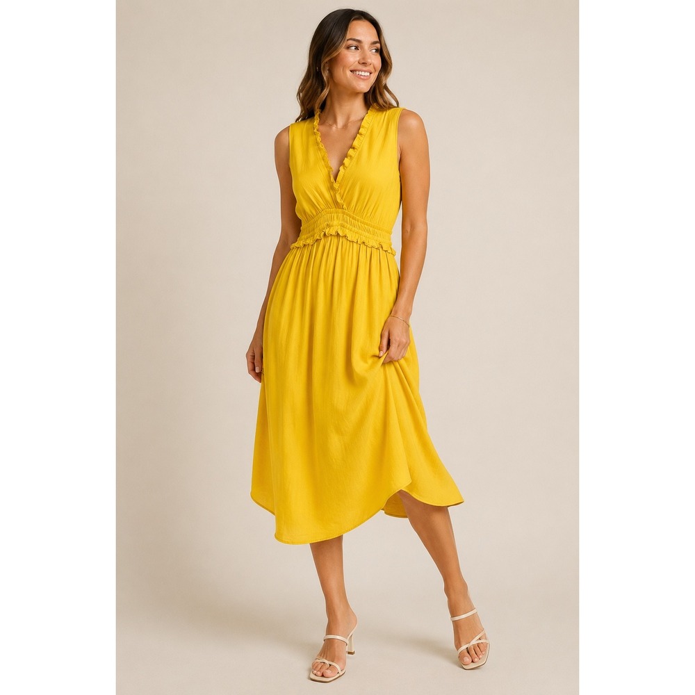 Maeve La Habana Yellow Ruffle Midi Dress XL Boho V-Neck Tiered Anthropologie